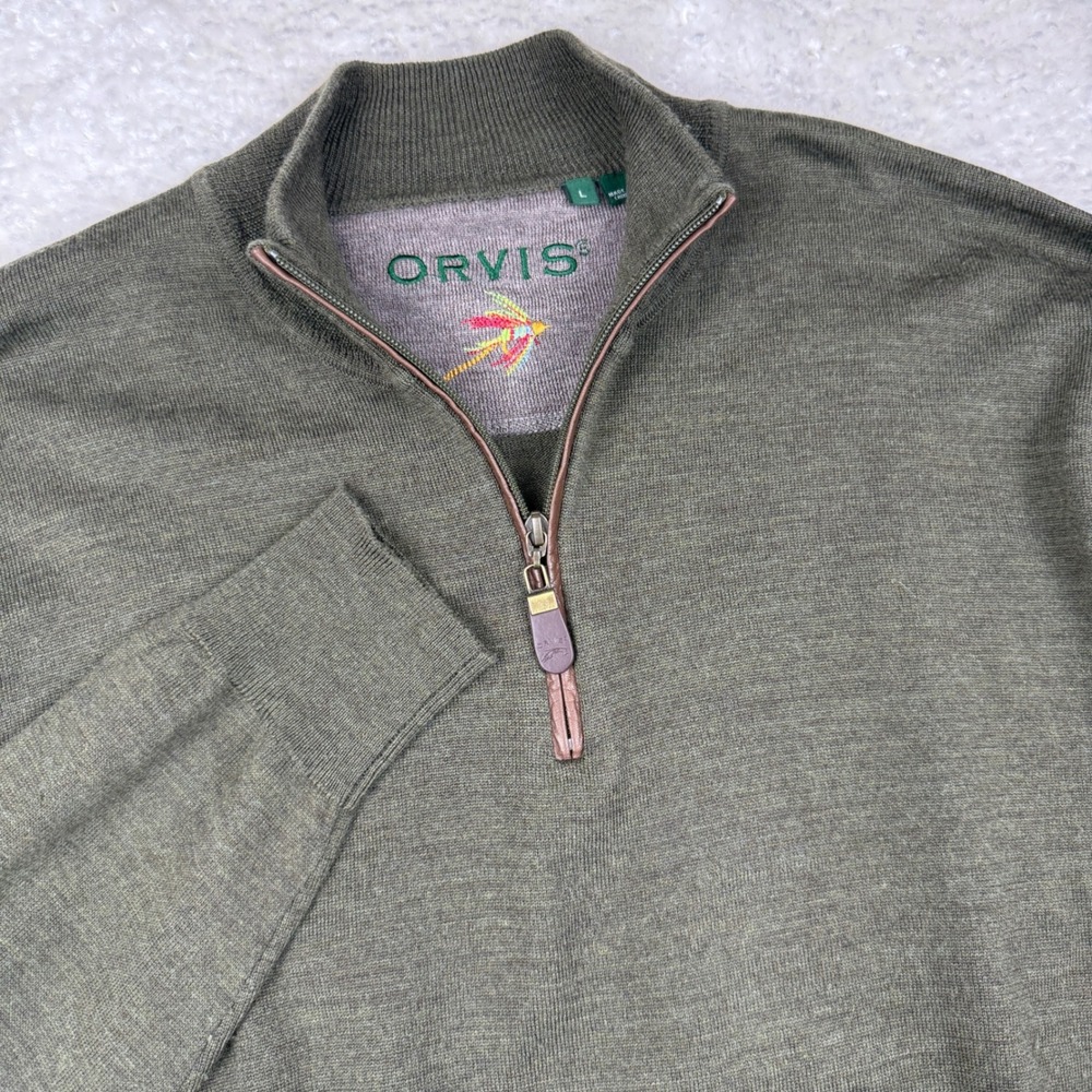 Orvis Quarter Zip Sweater Mens L Olive Green Merino Wool Leather Trim Mock Neck